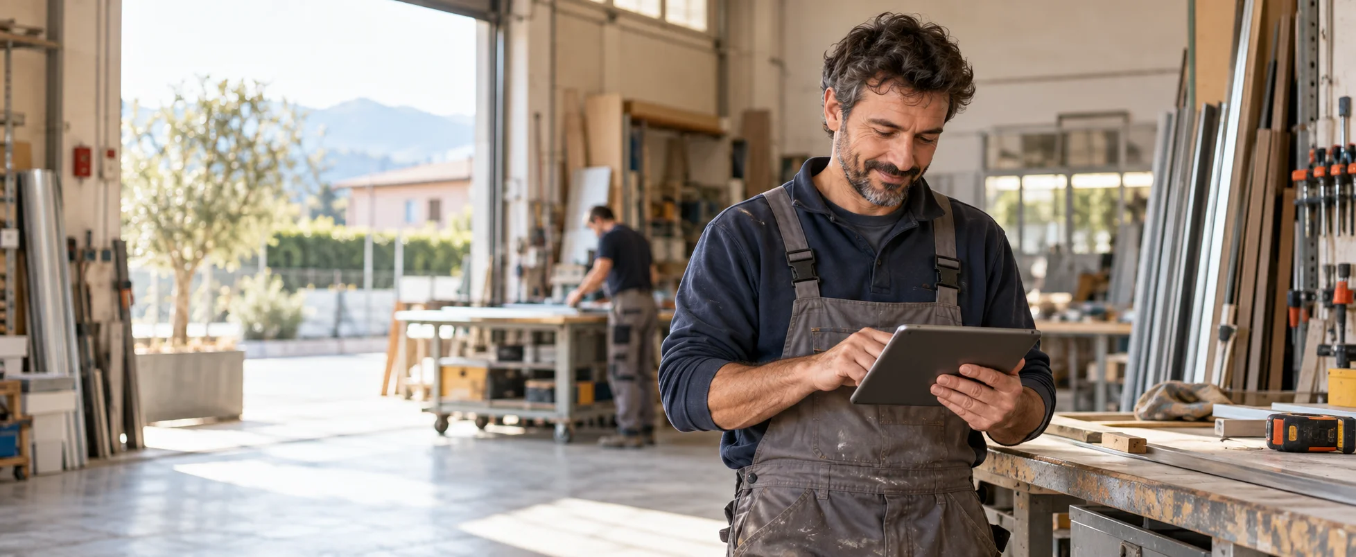 Un artigiano controlla il tablet nella sua officina